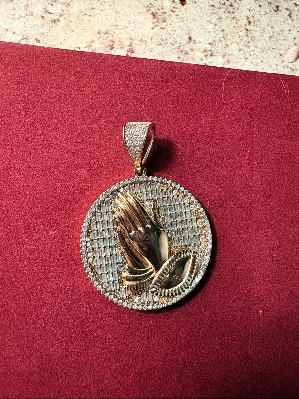 Gold-Tone Praying Hands Pendant Necklace with Crystal Pavé Accents